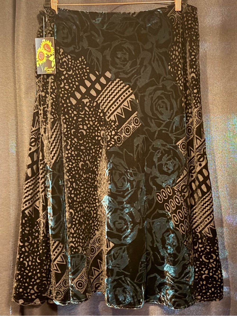 Vintage Y2K Mirasol Woman Black/Teal Floral Burnout Velvet Skirt PLUS SIZE 2X